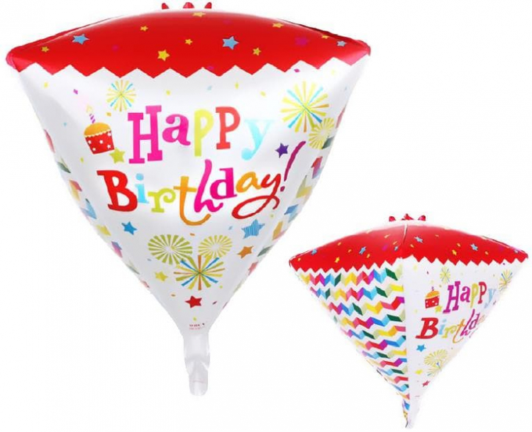 Шар Алмаз 3D, С Днем Рождения! (фейерверки), Белый (в упаковке)